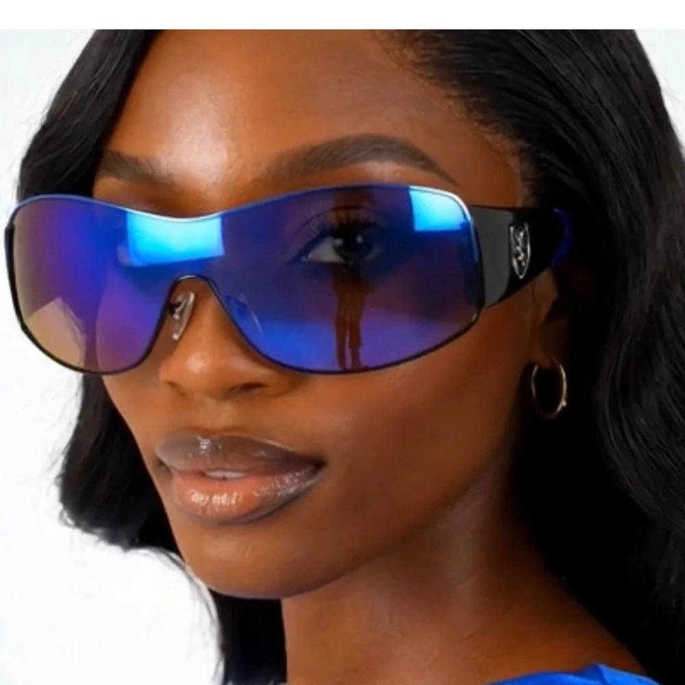 Blue Mirrored Shield Women‎ Sunglasses Black Wraparound Sporty Y2K Shades Lentes
